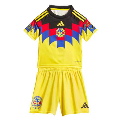 Adidas Club América youth soccer kit: yellow jersey with a red and blue geometric design and matching yellow shorts. Both display the club crest and Adidas logo.