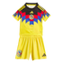 Adidas Club América youth soccer kit: yellow jersey with a red and blue geometric design and matching yellow shorts. Both display the club crest and Adidas logo.