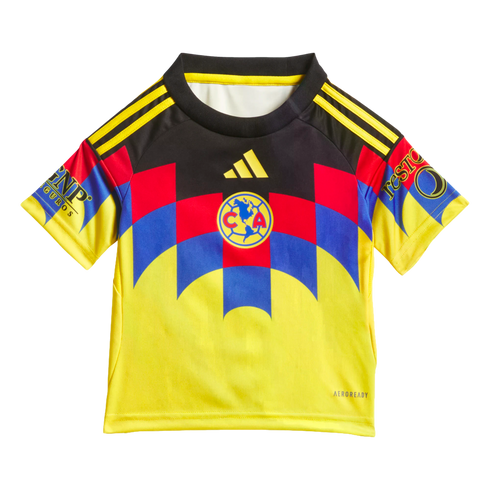 A yellow Adidas Club América youth soccer jersey with black shoulders and a red and blue geometric chest pattern surrounding the team's crest.