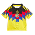 A yellow Adidas Club América youth soccer jersey with black shoulders and a red and blue geometric chest pattern surrounding the team's crest.