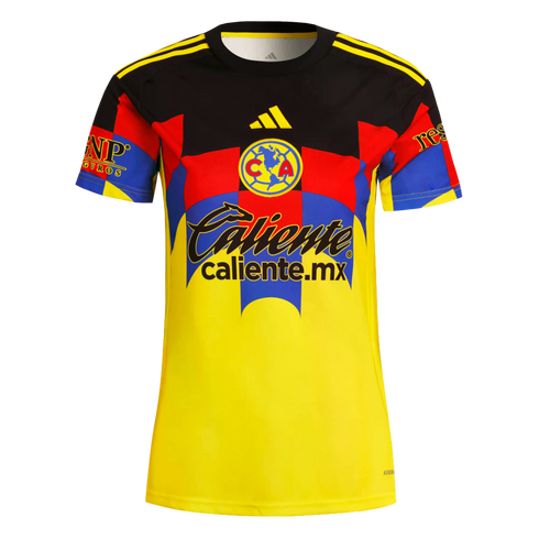 Club América Adidas soccer jersey featuring a yellow body, black chest, and red, blue, and yellow geometric patterns. Includes the club crest and sponsor logos.