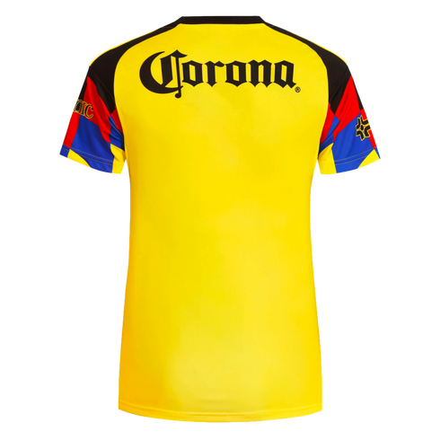 Back view of a yellow sports jersey with a black 'Corona' logo across the shoulders and colorful, multi-colored patterned sleeves.
