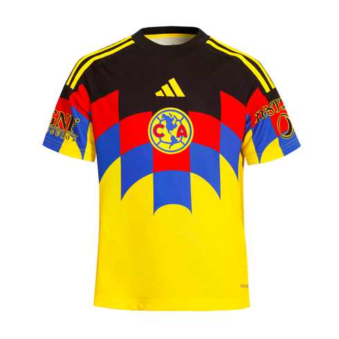 Club América soccer jersey featuring a yellow, blue, and red checkered design on a black and yellow base with an Adidas logo and team crest.