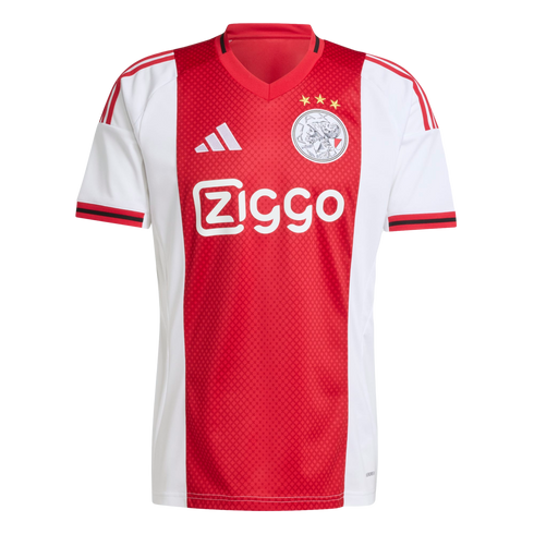 An Adidas AFC Ajax home football jersey featuring a wide red vertical stripe, white sleeves, the club crest with three gold stars, and the Ziggo sponsor logo.