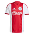 An Adidas AFC Ajax home football jersey featuring a wide red vertical stripe, white sleeves, the club crest with three gold stars, and the Ziggo sponsor logo.
