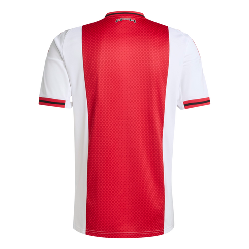 Back of an Ajax home jersey featuring a wide red vertical stripe with a diamond texture, white sleeves, and red/black striped trim on the collar and cuffs.