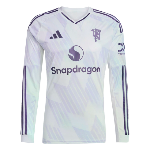 A long-sleeved Adidas Manchester United soccer jersey in white with purple logos and stripes, featuring the Snapdragon sponsor and a subtle geometric pattern.