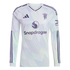 A long-sleeved Adidas Manchester United soccer jersey in white with purple logos and stripes, featuring the Snapdragon sponsor and a subtle geometric pattern.