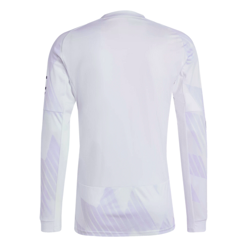 Rear view of a white long-sleeved athletic shirt with a subtle light purple geometric pattern on the lower back and sleeves, shown against a solid black background.