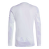 Rear view of a white long-sleeved athletic shirt with a subtle light purple geometric pattern on the lower back and sleeves, shown against a solid black background.