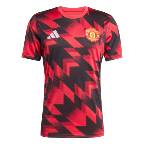 Manchester United soccer jersey featuring a red and black geometric zigzag pattern, a white Adidas logo, and the team crest.