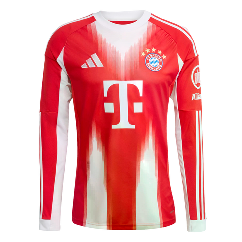 Red and white long-sleeved Adidas FC Bayern Munich home jersey featuring the team crest and T-Mobile sponsor logo on the chest.
