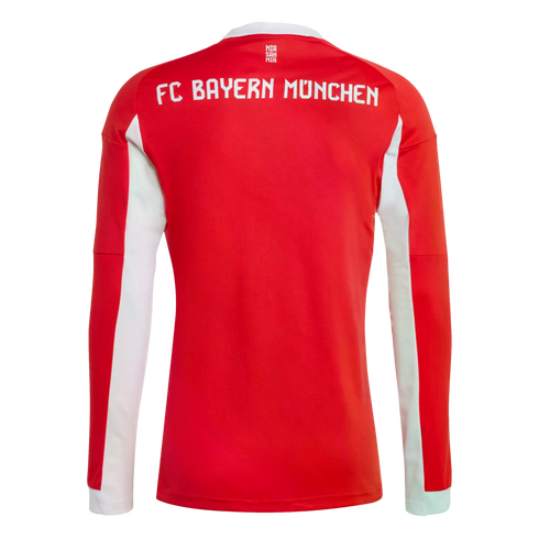 Back view of a red long-sleeve FC Bayern München football jersey with white panels on the sides and "MIA SAN MIA" lettering at the neckline.
