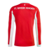 Back view of a red long-sleeve FC Bayern München football jersey with white panels on the sides and "MIA SAN MIA" lettering at the neckline.