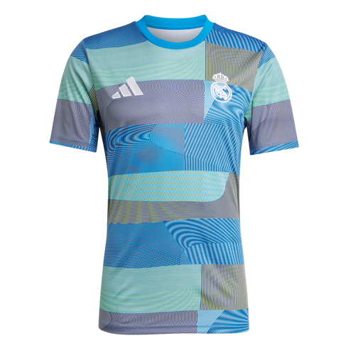 Adidas Real Madrid pre-match jersey featuring a vibrant blue and teal geometric wavy pattern with a white club crest and logo.