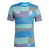 Adidas Real Madrid pre-match jersey featuring a vibrant blue and teal geometric wavy pattern with a white club crest and logo.