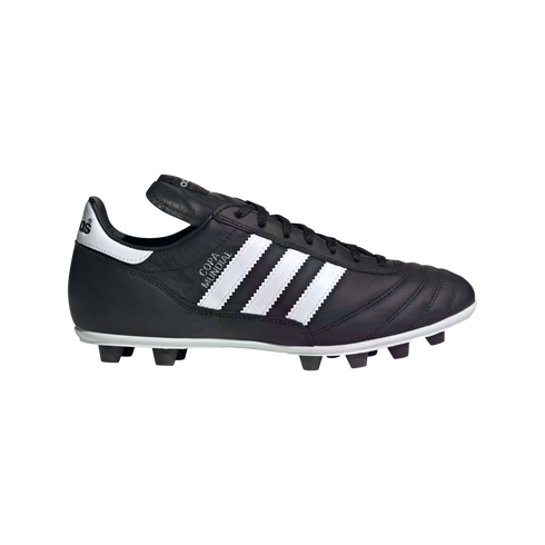 Side profile of a black Adidas Copa Mundial soccer cleat with three white stripes and silver branding, isolated on a black background.