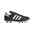 Side profile of a black Adidas Copa Mundial soccer cleat with three white stripes and silver branding, isolated on a black background.