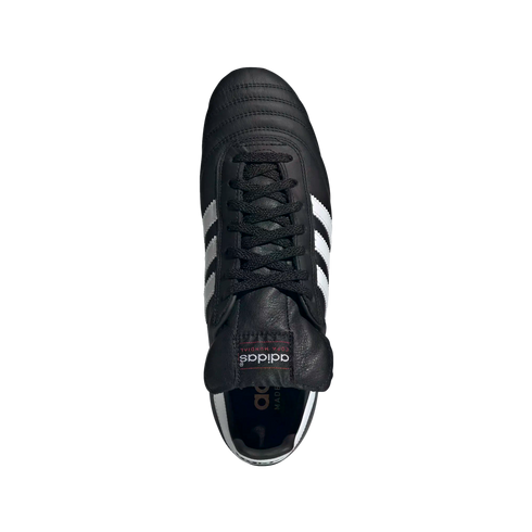 Top-down view of a black leather Adidas Copa Mundial soccer cleat featuring signature white stripes and a folded tongue, set against a black background.