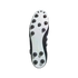 Underside of a black and white Adidas soccer cleat featuring a white soleplate with multiple black circular studs and embossed branding, set against a solid black background.
