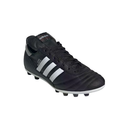 Black Adidas Copa Mundial leather soccer cleat with three white stripes and a studded white sole.