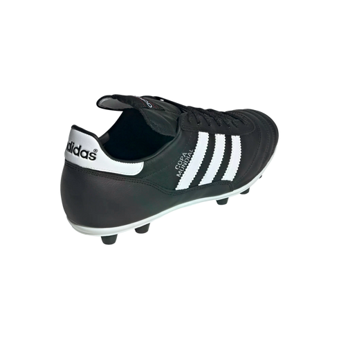 Rear-side view of a black Adidas Copa Mundial soccer cleat with three white serrated stripes and a white heel tab, set against a black background.