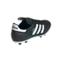Rear-side view of a black Adidas Copa Mundial soccer cleat with three white serrated stripes and a white heel tab, set against a black background.