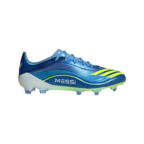 Metallic blue soccer cleat with "MESSI" text and yellow Adidas stripes. Features clear studs and a white heel on a black background.