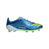Metallic blue soccer cleat with "MESSI" text and yellow Adidas stripes. Features clear studs and a white heel on a black background.