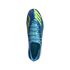 Top-down view of a blue Adidas F50 soccer cleat with bright yellow stripes and "MESSI" printed on the light blue insole.