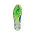 Underside of an iridescent lime green and blue Adidas soccer cleat with triangular studs and "MESSI" branding, centered on a black background.