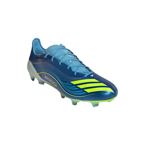 A blue and lime yellow Adidas Messi soccer cleat against a black background, featuring the "MESSI" name on the side and a low-cut profile.
