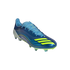 A blue and lime yellow Adidas Messi soccer cleat against a black background, featuring the "MESSI" name on the side and a low-cut profile.