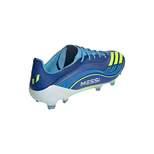 A blue and yellow Adidas Messi soccer cleat with a white heel, shown from a rear side angle against a black background.