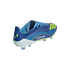 A blue and yellow Adidas Messi soccer cleat with a white heel, shown from a rear side angle against a black background.