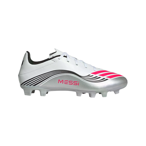 Side profile of a white and silver Adidas Messi soccer cleat featuring pink accents and black wavy stripes against a white background.