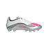 Side profile of a white and silver Adidas Messi soccer cleat featuring pink accents and black wavy stripes against a white background.
