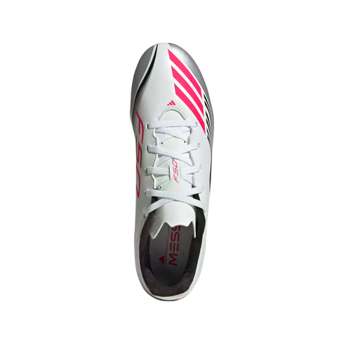 Top-down view of a white Adidas F50 soccer cleat with pink stripes, silver accents, and Messi branding on the insole.