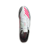 Top-down view of a white Adidas F50 soccer cleat with pink stripes, silver accents, and Messi branding on the insole.