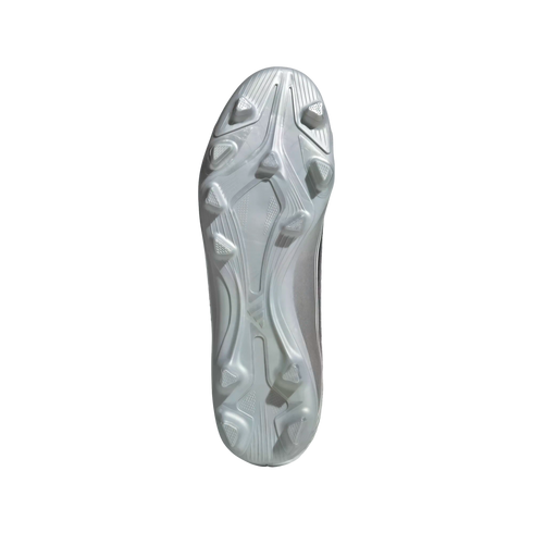 Bottom view of a silver Adidas soccer cleat showing the metallic outsole and stud configuration for traction.