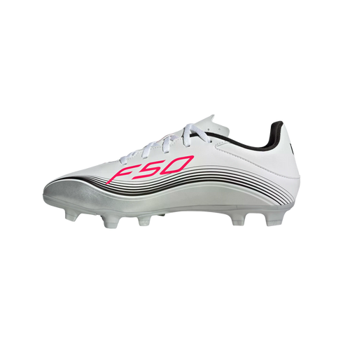 Side profile of a white soccer cleat featuring silver accents, black curved stripes, and bright pink "F50" branding.