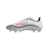 Side profile of a white soccer cleat featuring silver accents, black curved stripes, and bright pink "F50" branding.