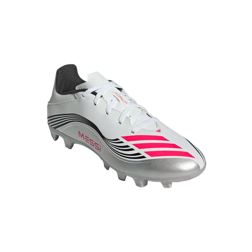 A white and silver Adidas soccer cleat with pink stripes and "MESSI" text on the side. It features black accents and is shown against a plain white background.