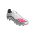 A white and silver Adidas soccer cleat with pink stripes and "MESSI" text on the side. It features black accents and is shown against a plain white background.