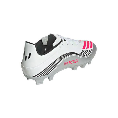 A white and silver Adidas soccer cleat with pink and black details, including the "MESSI" logo on the side and a black Messi logo on the heel.