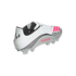 A white and silver Adidas soccer cleat with pink and black details, including the "MESSI" logo on the side and a black Messi logo on the heel.