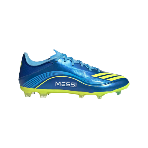 A metallic blue and yellow soccer cleat with "MESSI" printed on the side, set against a black background.