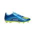 A metallic blue and yellow soccer cleat with "MESSI" printed on the side, set against a black background.