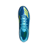 Top-down view of a blue Adidas Messi F50 soccer cleat with yellow accents against a black background.