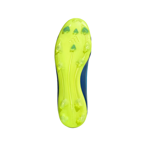 Bottom view of a neon yellow Adidas soccer cleat soleplate with translucent studs, isolated on a black background.